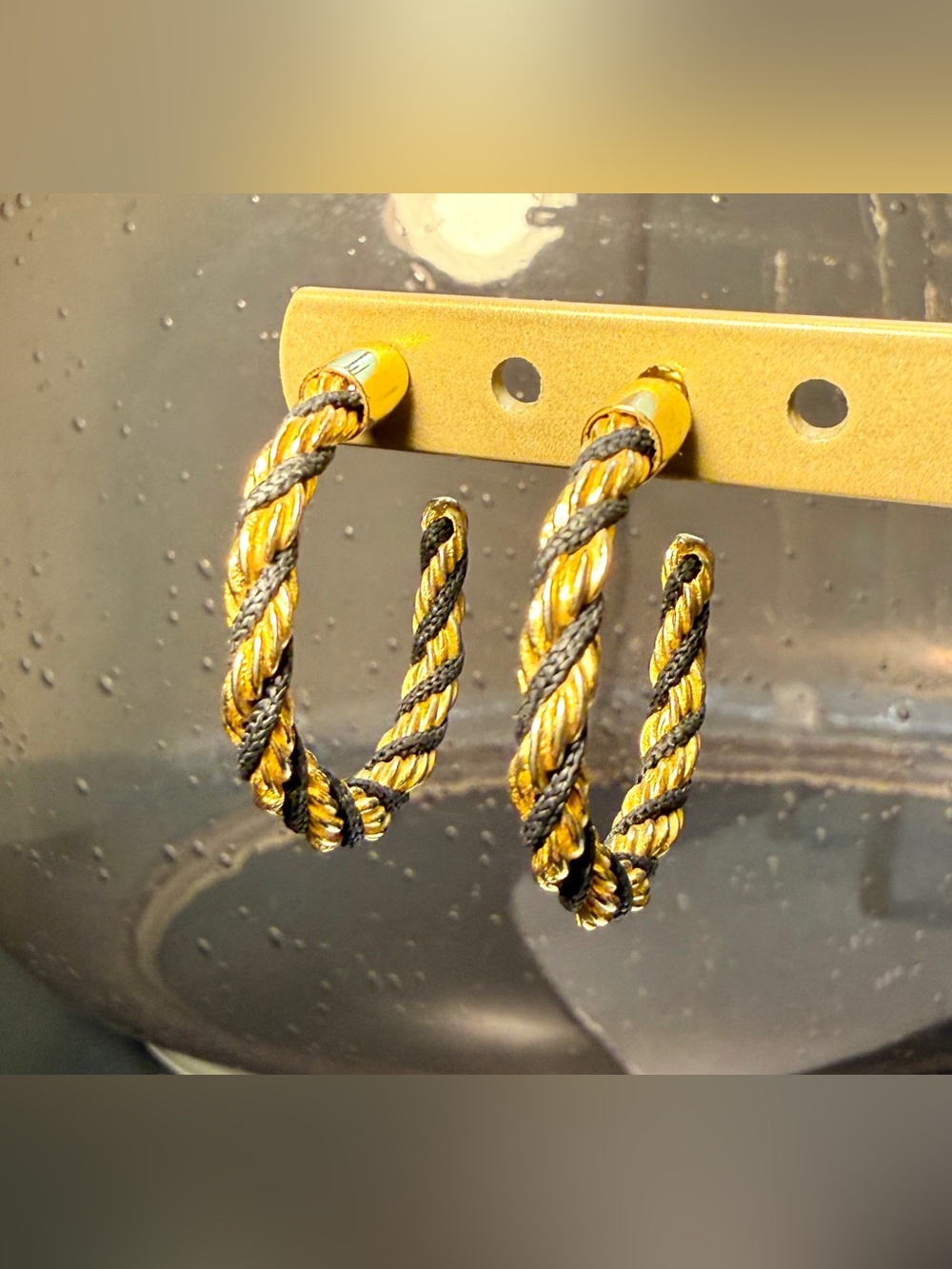 Vintage Avon Gold Tone & Black Twisted Rope Hoop Earrings